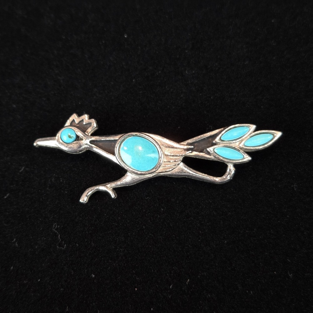 St Labre Roadrunner Bird Faux Turquoise Southwest Metal Pin Brooch